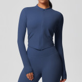 In-stock cross-border quick-dry naked-feel brushed gym zip-up jacket running sports tight-fitting long-sleeve yoga top for women
