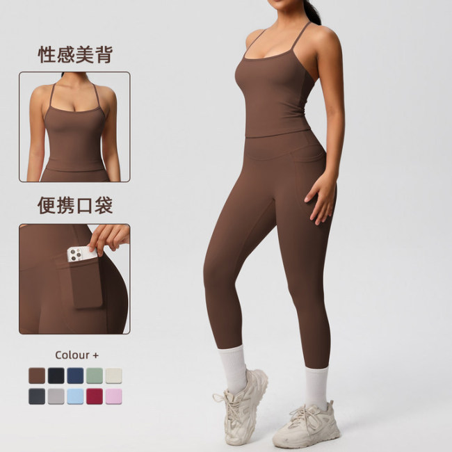 Cross-border European and American tight-fitting yoga fleece vest sports casual outdoor running fitness yoga two-piece set for women