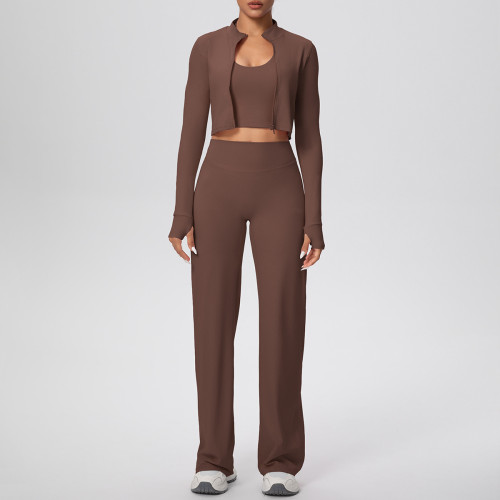 Cross-border solid color brushed tight-fitting halter neck tank top, wide-leg long pants, three-piece sports running fitness yoga outfit set