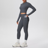 In-stock cross-border solid color brushed fabric nude-feel short jacket set with tight-fitting pockets for running, fitness, and yoga, two-piece set