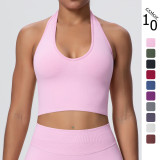 Cross-border European and American breathable halter neck backless yoga bra, seamless sports underwear for women, summer shockproof fitness top