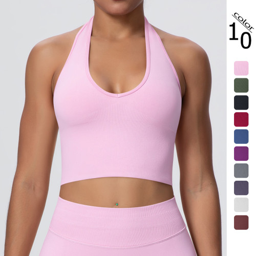 Cross-border European and American breathable halter neck backless yoga bra, seamless sports underwear for women, summer shockproof fitness top