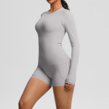 New cross-border European and American solid color double-sided nylon brushed long-sleeve yoga outfit set for sports, running, and fitness two-piece set