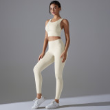 New solid color no-underwear required fixed-cup beautiful back sports yoga set, tight-fitting high-elastic fitness antibacterial yoga wear