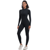 New cross-border European and American style half-zip tight-fitting solid color high-elastic long yoga jumpsuit for fitness and running
