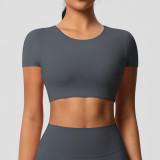 In-stock cross-border double-sided brushed fabric tight-fitting short-sleeve yoga top with chest pads for women, suitable for Pilates and running