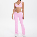 New cross-border double-sided brushed contrasting color tight-fitting breathable cross-over wide-leg yoga outfit for women for sports, running, and fitness