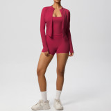 New cross-border solid color brushed fabric breathable strap yoga outfit set, three-piece running and fitness sportswear for women