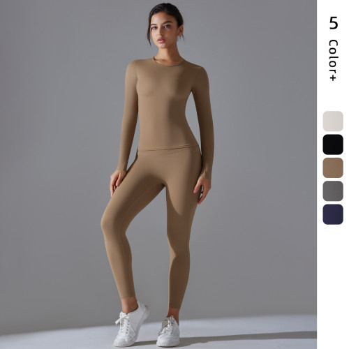 New solid color double-sided brushed breathable high-elastic tight-fitting long-sleeve yoga outfit set for sports, running, and fitness two-piece set