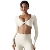 New sports long-sleeve fitness top for women, deep V-neck, slim fit, breathable, ins-style, cropped outdoor yoga top