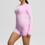 New cross-border European and American solid color double-sided nylon brushed long-sleeve yoga outfit set for sports, running, and fitness two-piece set