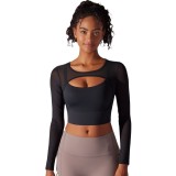 Cross-border mesh semi-transparent sexy double-panel tight-fitting long-sleeve elastic yoga sports fitness top for women