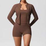 New cross-border seamless vest, outdoor casual tight-fitting fitness wear, pocket shorts, yoga wear, sports three-piece set