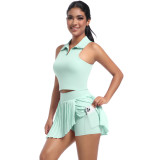 New cross-border solid color lapel vest breathable faux two-piece pleated short skirt set for sports, running, fitness, and yoga