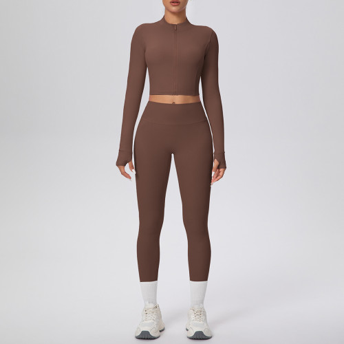 In-stock cross-border solid color double-sided brushed naked-feel short jacket set, tight-fitting running fitness yoga two-piece outfit