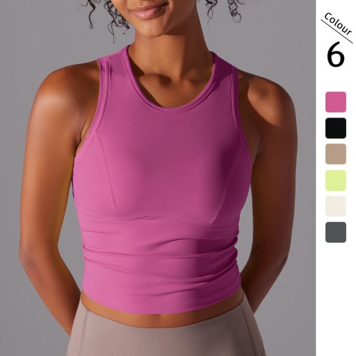 New double-sided nylon solid color tight-fitting tummy-covering round-neck sports vest for running, fitness, and yoga, long top for women