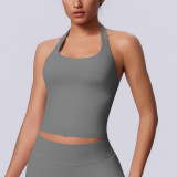 New seamless solid color halter neck sports tank top for women, suitable for running, fitness, and yoga