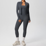 Cross-border European and American solid color brushed fabric breathable strap yoga outfit set, three-piece running and fitness sportswear for women
