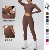 In-stock cross-border solid color double-sided brushed naked-feel short jacket set, tight-fitting running fitness yoga two-piece outfit