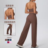 New cross-border solid color double-sided brushed fabric halter neck wide-leg pants yoga outfit set for women, suitable for sports, running, and fitness