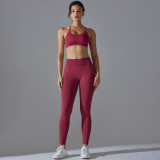 New cross-border seamless solid color tight-fitting cross-back sports bra yoga set for women, suitable for running and fitness