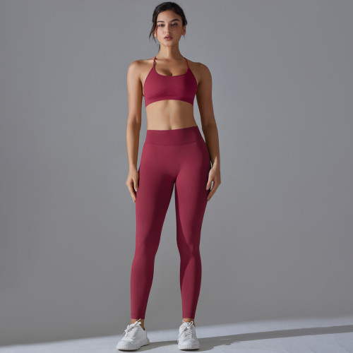 New cross-border seamless solid color tight-fitting cross-back sports bra yoga set for women, suitable for running and fitness
