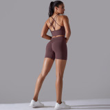 Cross-border European and American seamless knitted solid color high-elastic tight-fitting yoga outfit set, two-piece running and fitness wear for women