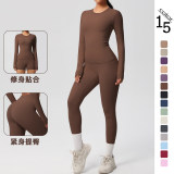 In-stock cross-border double-sided brushed solid color tight-fitting long-sleeve yoga outfit set for sports, running, and fitness two-piece set