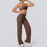 New cross-border brushed fabric sports bra with beautiful back design, breathable long wide-leg yoga outfit set, two-piece running and fitness set