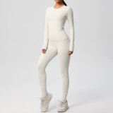 In-stock cross-border double-sided brushed solid color tight-fitting long-sleeve yoga outfit set for sports, running, and fitness two-piece set