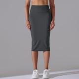 Nude-feel high-waisted tight-fitting bodycon skirt, sports midi skirt, high-elasticity, brushed fabric, mid-length, slit, casual yoga skirt for women