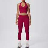 Cross-border European and American seamless tight-fitting halter neck backless yoga outfit set for women, two-piece running sports fitness yoga wear