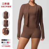 European and American cross-border cloud-feel brushed long-sleeve sports zip-up jacket, running butt-lifting fitness yoga three-piece set for women