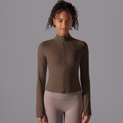 Custom-made stand-up collar long zipper long-sleeve jacket, brushed tight-fitting sports running fitness yoga top for women