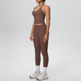 New cross-border brushed fabric backless tight-fitting halter neck high-waisted yoga outfit set for sports, running, and fitness two-piece set