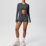 New cross-border solid color nude-feel brushed long-sleeve jacket tight-fitting three-piece sports running fitness yoga outfit set