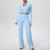Cross-border solid color brushed tight-fitting halter neck tank top, wide-leg long pants, three-piece sports running fitness yoga outfit set