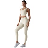 New solid color no-underwear required fixed-cup beautiful back sports yoga set, tight-fitting high-elastic fitness antibacterial yoga wear
