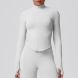 Cross-border seamless solid color tight-fitting high-elastic breathable stand-up collar zip-up jacket for women's sports, running, fitness, and yoga