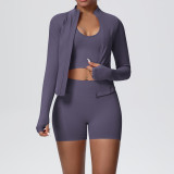 Cross-border seamless solid color high-elastic tight-fitting breathable short jacket yoga outfit sports running fitness three-piece set