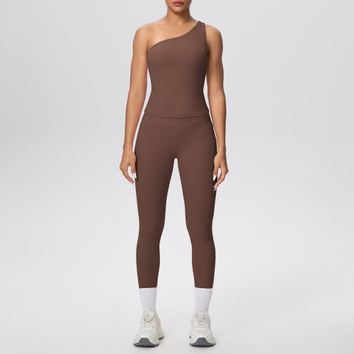 New cross-border brushed fabric seamless tight-fitting one-shoulder tank top sports set with pockets for running, fitness, and yoga, two-piece set
