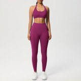 Cross-border seamless solid color halter neck sports bra yoga outfit set, tight-fitting running and fitness two-piece set