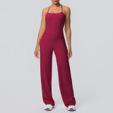 In-stock cross-border seamless double-sided nylon backless tight-fitting sports wide-leg yoga outfit set for running and fitness two-piece set