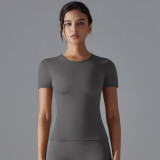 New solid color double-sided brushed high-elastic tight-fitting breathable yoga shirt with short sleeves for sports, running, and fitness