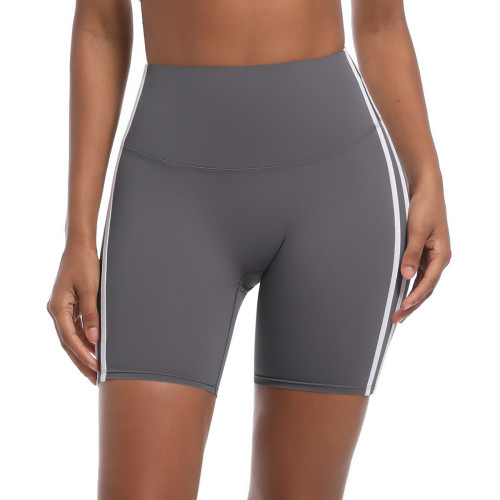 New cross-border striped fitness tight high-waisted peach-colored three-quarter shorts with contrasting colors, breathable sports running yoga shorts for women