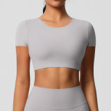 In-stock cross-border double-sided brushed fabric tight-fitting short-sleeve yoga top with chest pads for women, suitable for Pilates and running