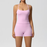 In-stock cross-border solid color double-sided brushed long tank top with beautiful back design, tight-fitting sports running fitness yoga wear for women