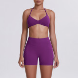 Cross-border seamless solid color halter neck bra and shorts yoga outfit set, tight-fitting running and fitness two-piece set