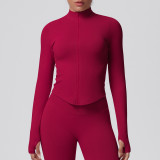 Cross-border seamless solid color tight-fitting high-elastic breathable stand-up collar zip-up jacket for women's sports, running, fitness, and yoga