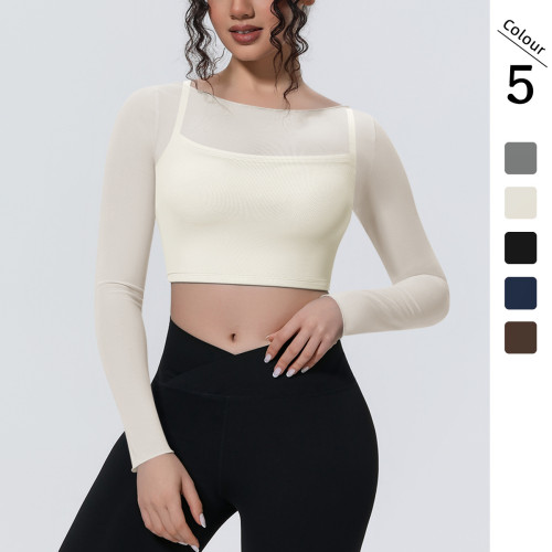 New cross-border solid color mesh double-layer breathable faux two-piece long-sleeve casual sports running fitness yoga top